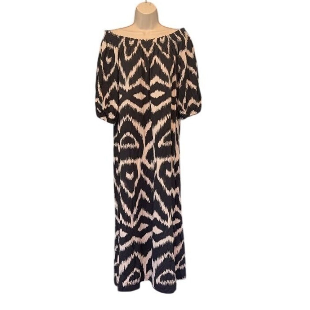 H&M Women M Black White Ikat Off Shoulder Puff Sleeve Cotton Maxi Dress Boho
